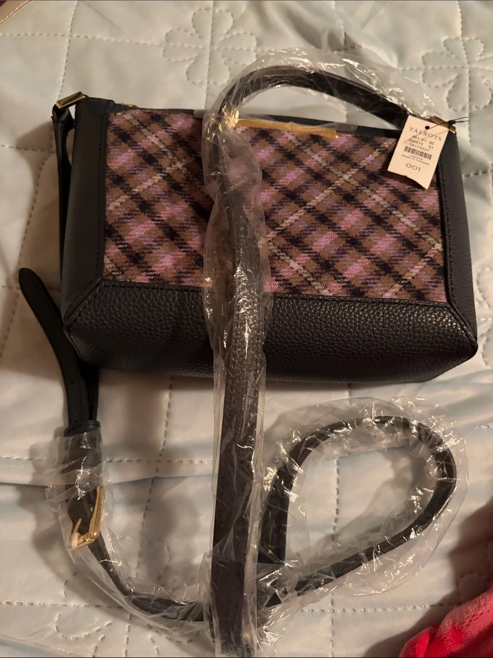 Tahari Black Leather Crossbody with Purple Plaid Panels